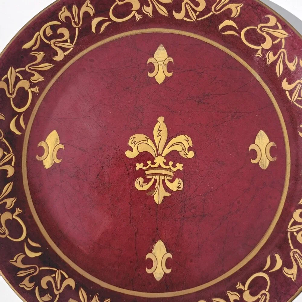 Pair of Andrea by Sadek Decorative Plates Fleur-de-Lis Maroon Green Gold Regal - Picture 10 of 16